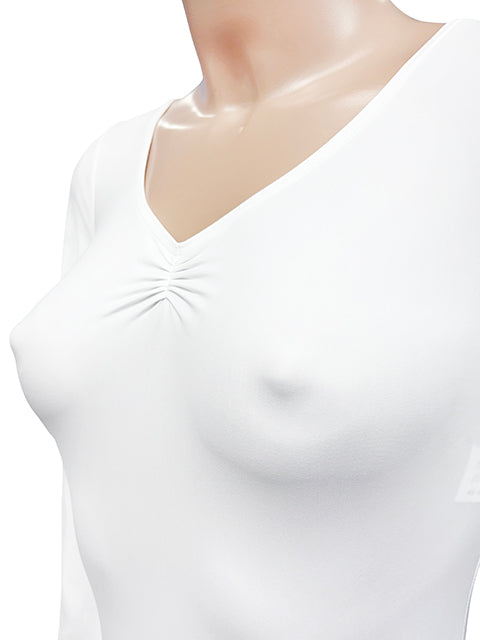 wbb-3135 薄手2WAYストレッチ生地フロントギャザーVネック長袖レオタード